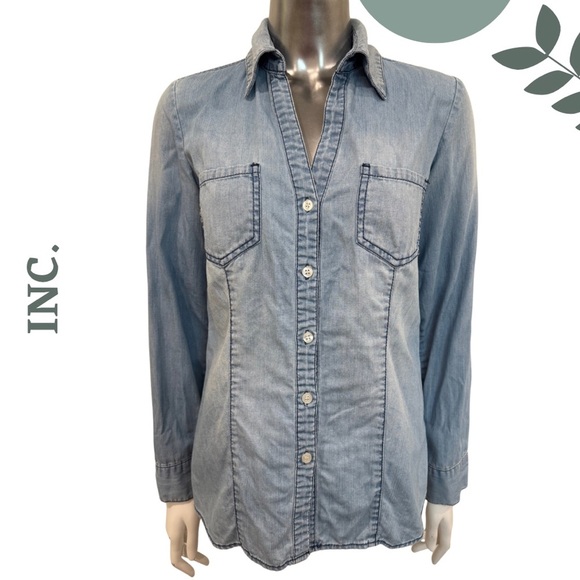 🛍️3/$40 INC Chambray Denim Button-Down Shirt Long Sleeve Lace Up Detail – Size 4 - Picture 3 of 7